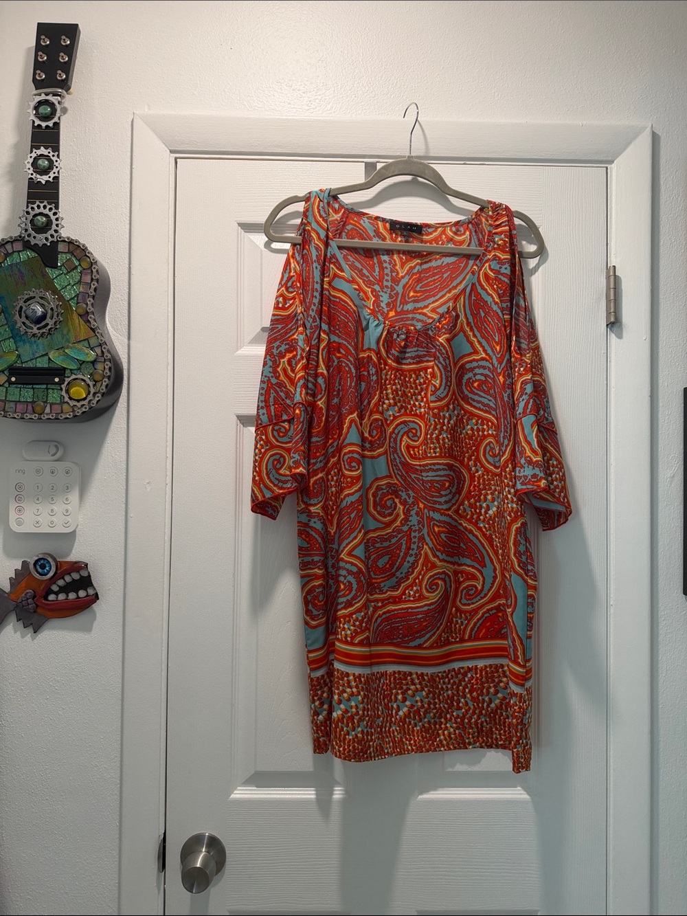 glam Orange & Turquoise Abstract Paisley Cold-Shoulder Top